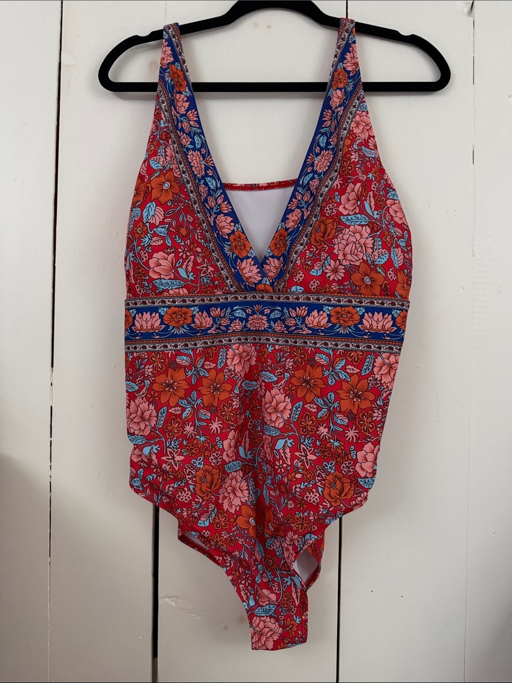 SHEIN Red Pink Floral V-Neck One-Piece Swimsuit